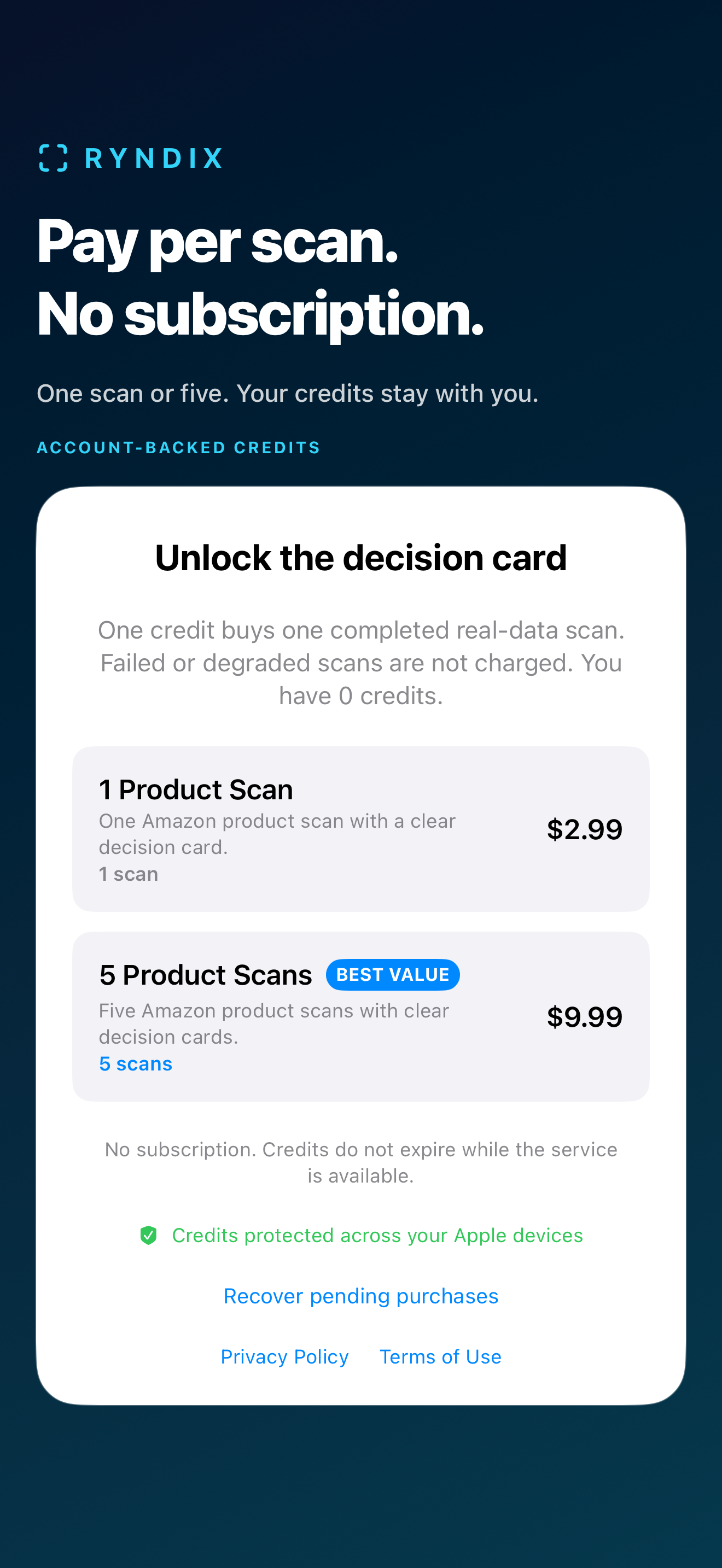 Ryndix Scan offers account-backed pay-per-scan credits with no subscription